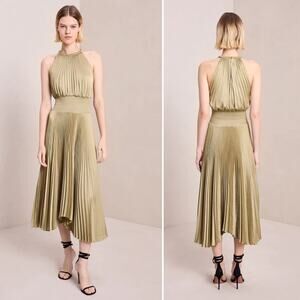 ALC Renzo II Pleated Halter A Line Midi Dress Elmwood Gold US 14
